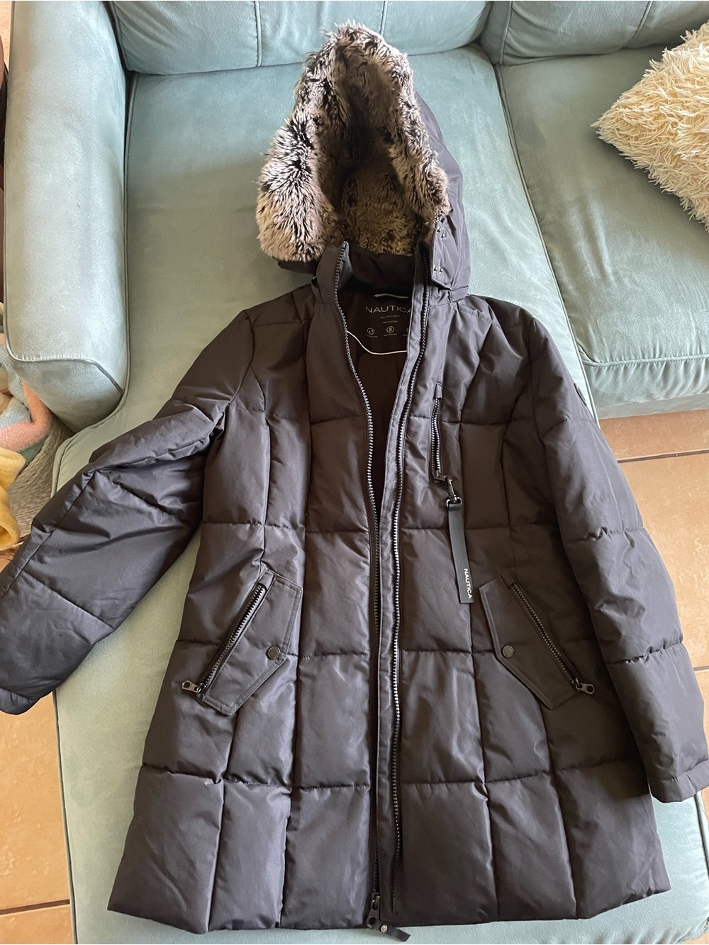Nautica Black Quilted Puffer Ski Jacket with Faux Fur Hood